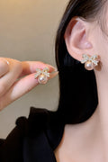 Elegant Crystal Bow Pearl Stud Earrings