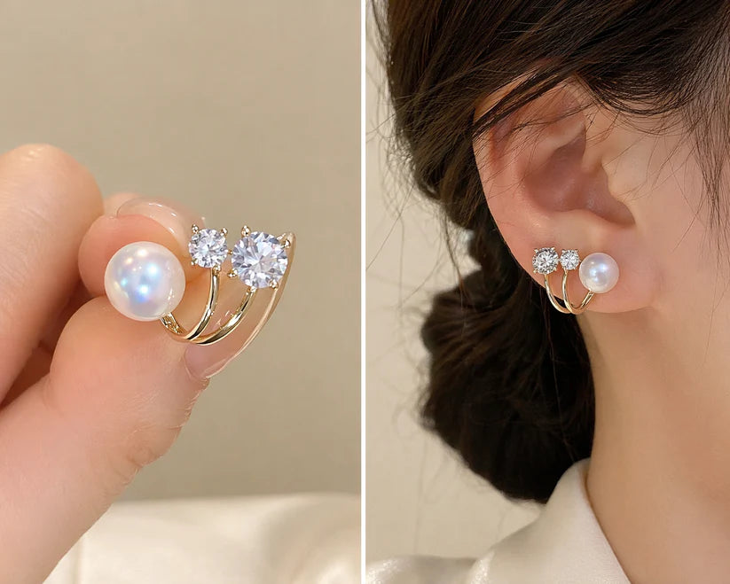 Elegant Pearl & Crystal Ear Cuff Stud Earrings