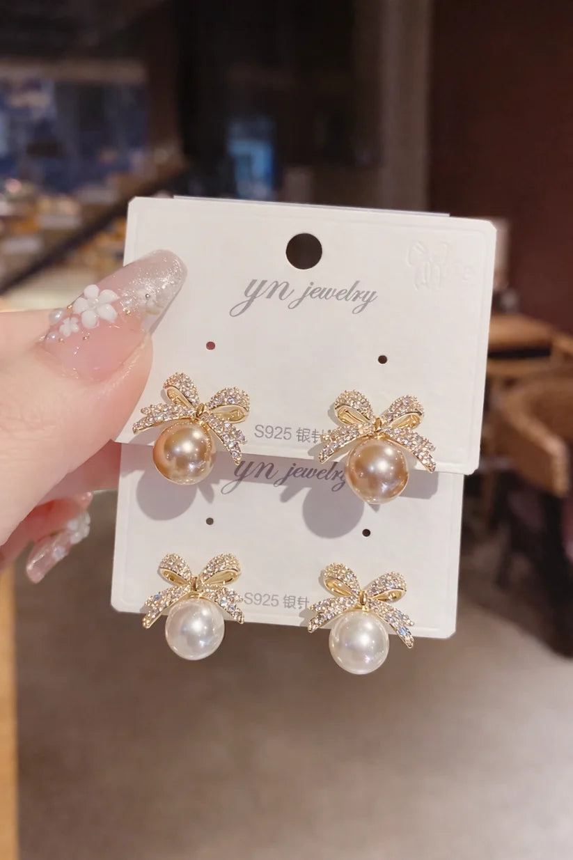 Elegant Crystal Bow Pearl Stud Earrings