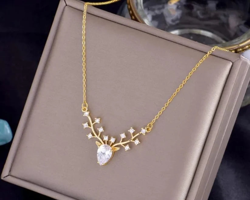 Golden Antler Crystal Pendant Necklace